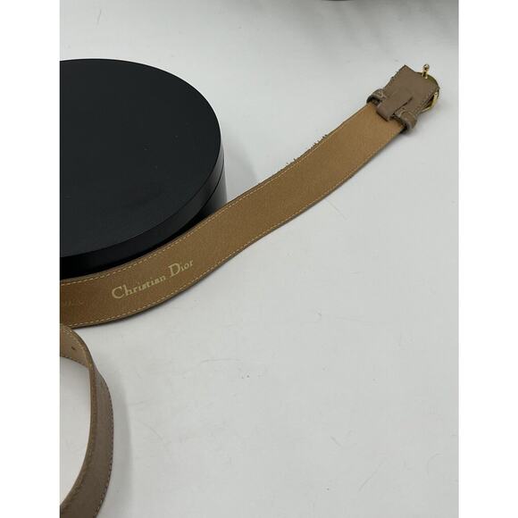 Christian Dior Tan Leather Belt Gold Tone Enamel Logo Buckle Sz Sm 30” - Picture 12 of 16